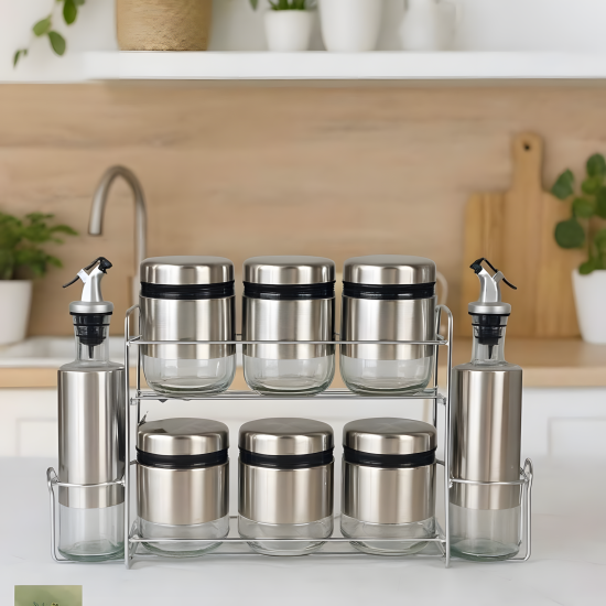 Glass and Stainless Steel Spice Jar Set - 8 Pcs